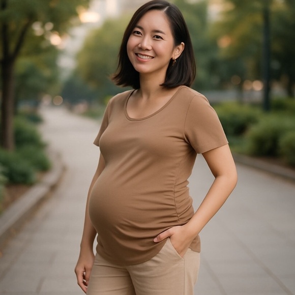 Maternity Sonoma Beige Short Sleeve Essential Rib Knit Scoopneck Tee Size Large - Picture 1 of 6